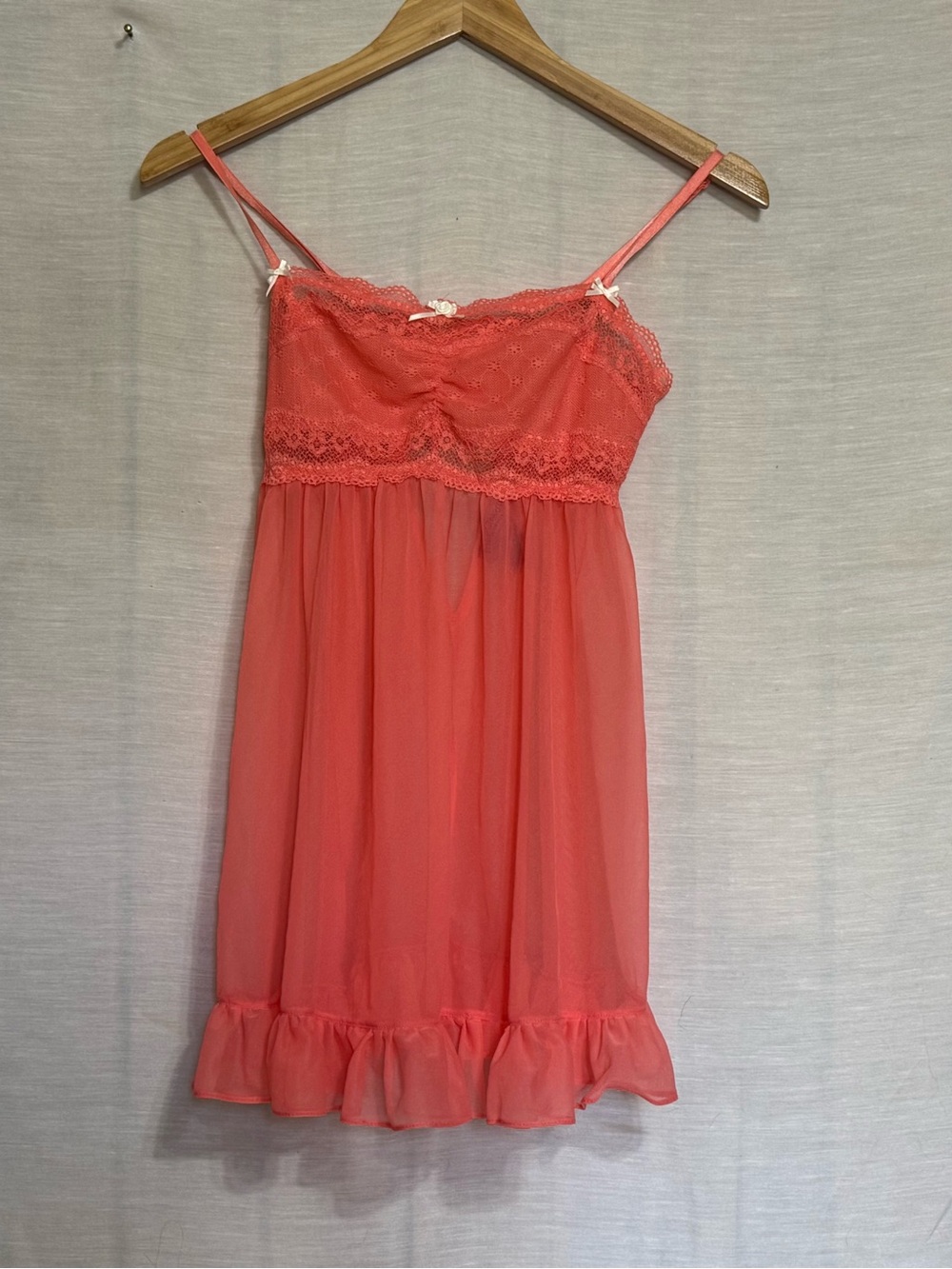 Betsey Johnson Coral Lace Sheer Babydoll Chemise Size M